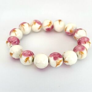 Country Pink Floral Ceramic Beaded Stretch Bracelet